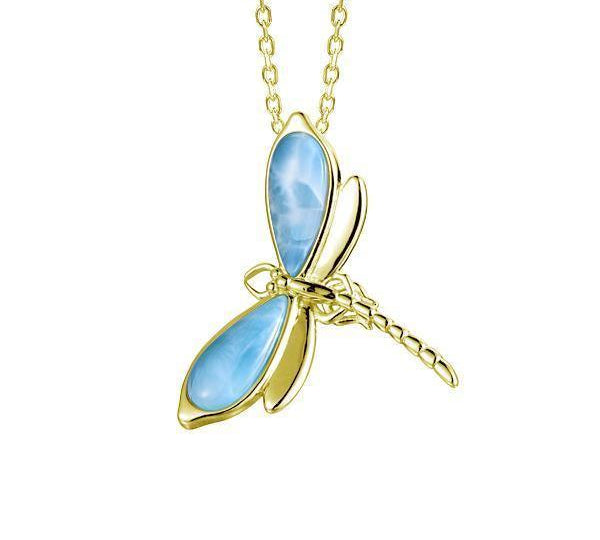 In this photo there is a yellow gold dragonfly pendant with blue larimar gemstones.