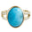 The picture shows a 14K yellow gold larimar cocktail ring with a split band lined with diamonds and topaz gemstones