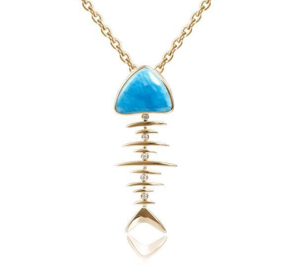 The picture shows a 14K yellow gold larimar fish bone pendant.