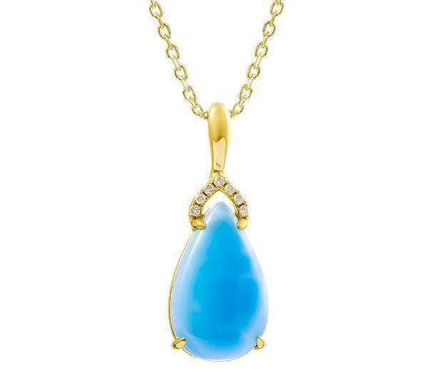The picture shows a 14K yellow gold tear drop shaped larimar clasped pendant with diamonds.