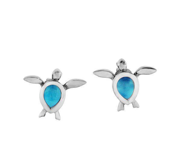 The picture shows a pair of 14K white gold sea turtle stud earrings with larimar gemstones.
