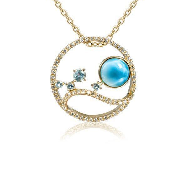 In this photo there is a yellow gold circle pendant with blue larimar, aquamarine, and diamonds.