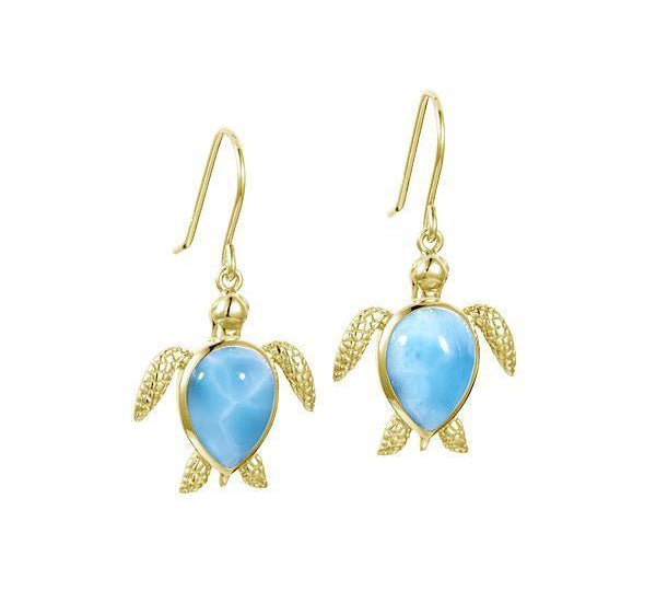 The picture shows a pair of 14k yellow gold sea turtle hook earrings with larimar gemstones.