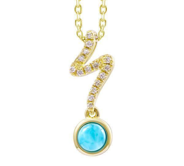 The picture shows a 14K yellow gold larimar lightning pendant with diamonds.