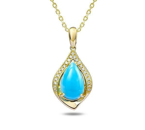 In this photo there is a yellow gold maile pendant with a blue larimar gemstone and diamonds.