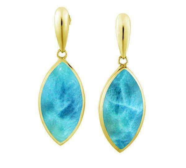 The picture shows a pair of 14K yellow gold larimar mandorla earrings.