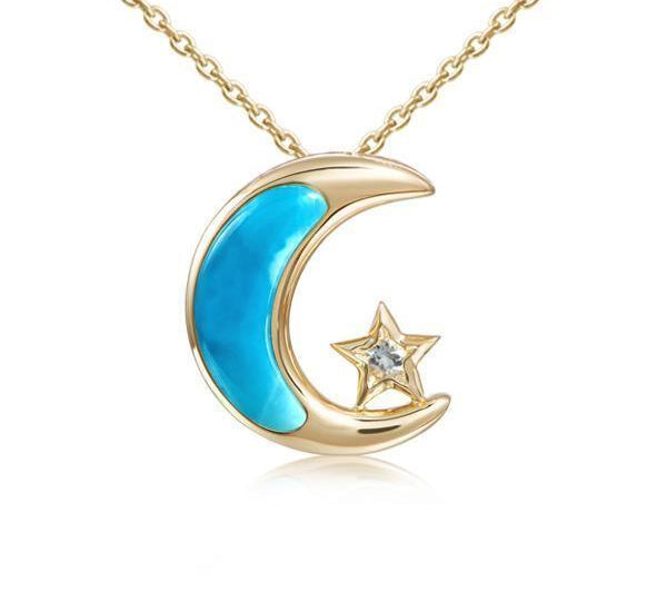 The picture shows a 14K yellow gold larimar moon and star pendant with aquamarine.
