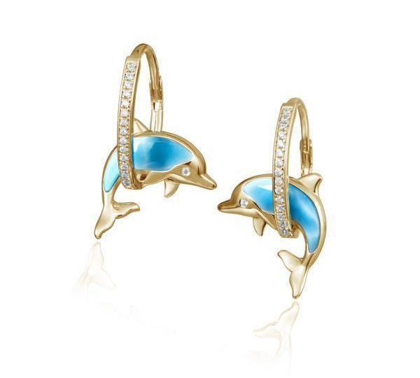 The picture shows a pair of 14K yellow gold hoop dolphin earrings with larimar gemstones and diamonds.