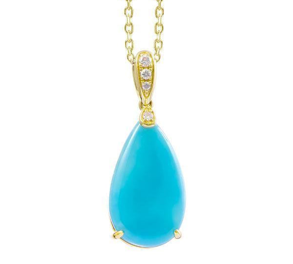 The picture shows a 14K yellow gold larimar teardrop pendant with diamonds.