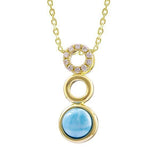 This photo shows a 14K yellow gold larimar three circle pendant with diamonds.