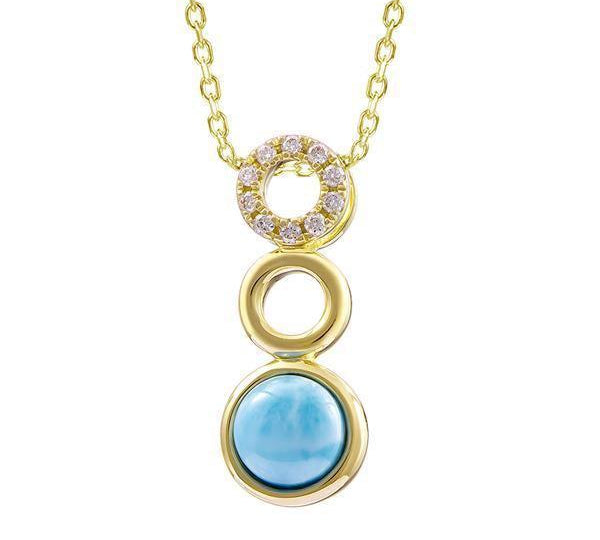 This photo shows a 14K yellow gold larimar three circle pendant with diamonds.