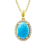 The picture shows a 14K yellow gold larimar oval pendant with diamonds.