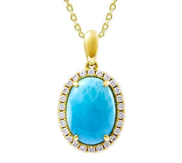 The picture shows a 14K yellow gold larimar oval pendant with diamonds.
