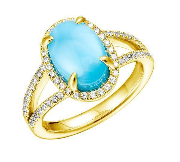 The picture shows a 14K yellow gold larimar oval split band ring with diamonds.