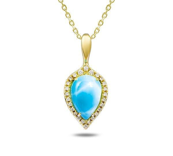 In this photo there is a yellow gold petal pendant with a blue larimar gemstone and diamonds.