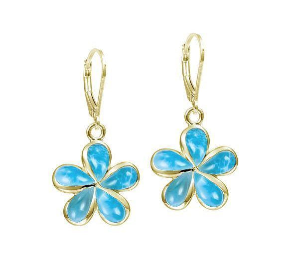 In this photo there is a pair of 14k yellow gold plumeria lever-back earrings with blue larimar gemstones.