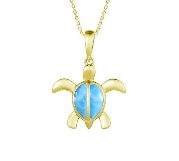 The picture shows a 14K yellow gold sea turtle pendant with larimar gemstones.