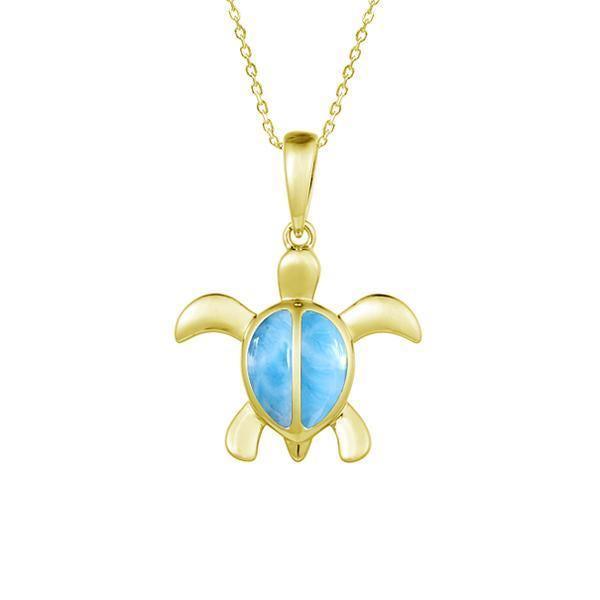The picture shows a 14K yellow gold sea turtle pendant with larimar gemstones.