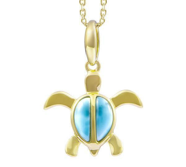The picture shows a 14K yellow gold sea turtle pendant with larimar gemstones.