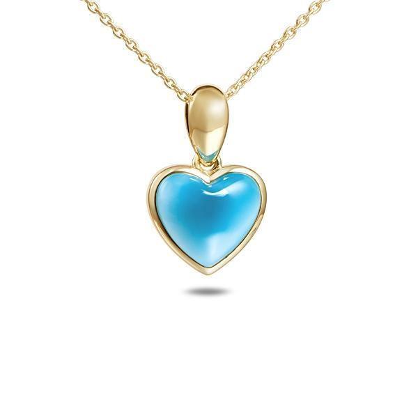 The picture shows a 14K yellow gold larimar heart pendant.