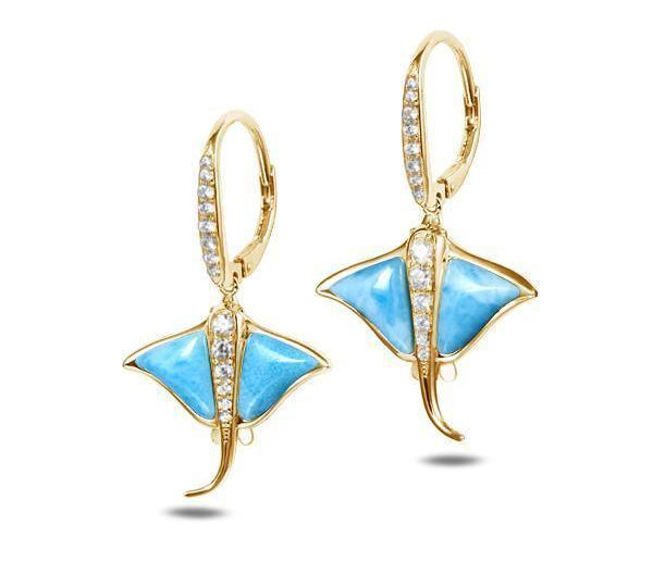 The picture shows a pair of 14K yellow gold larimar eagle ray lever-back earrings with aquamarine.