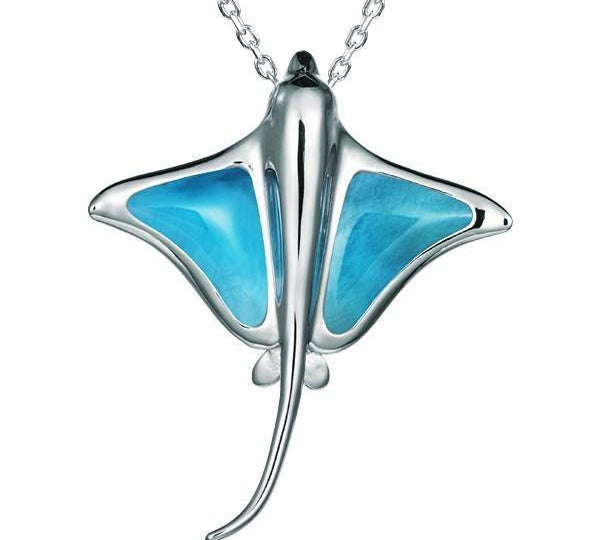 The picture shows a 14K white gold larimar eagle ray pendant.