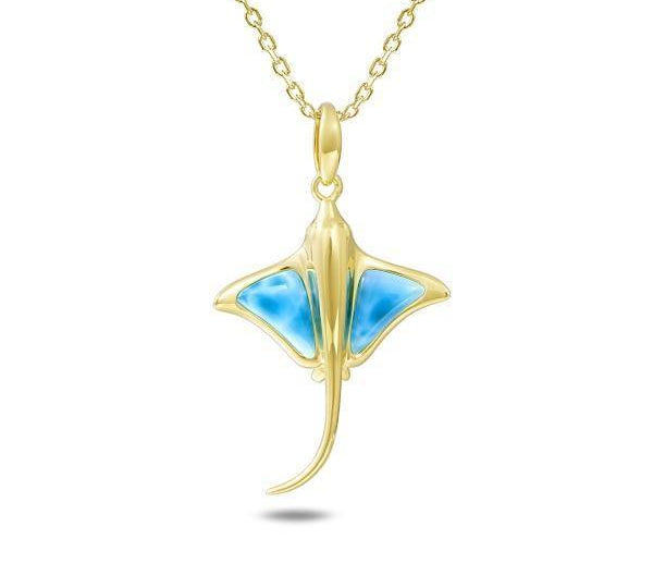 The picture shows a small 14K yellow gold larimar eagle ray pendant.