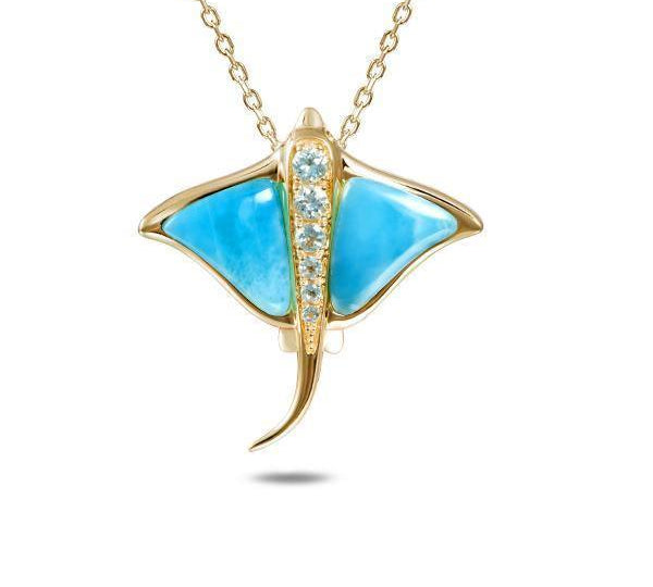 The picture shows a 14K yellow gold larimar eagle ray pendant with aquamarine.