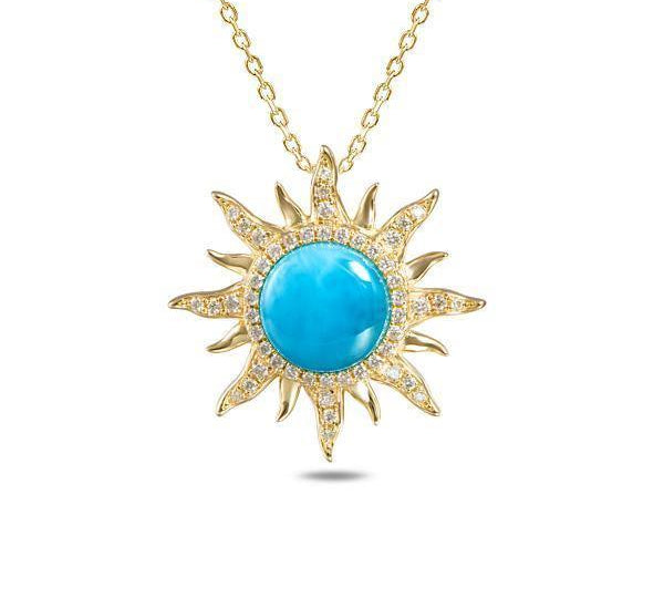 The picture shows a 14K yellow gold larimar sun pendant with diamonds.
