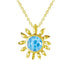 In this photo there is a yellow gold sunflower pendant with one larimar gemstone.
