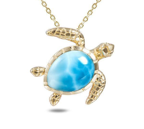 The picture shows a 14K yellow gold sea turtle pendant with a larimar gemstone and diamonds.