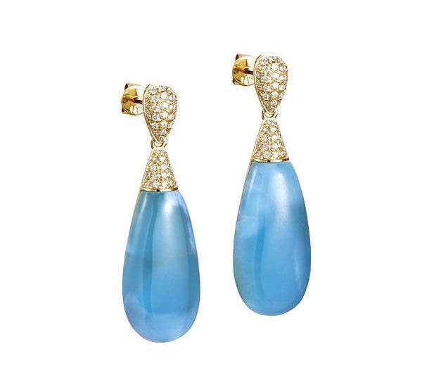 This image shows a pair of 14k larimar teardrop dangle earrings with diamonds.