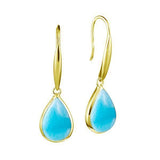 This image has a pair of 14K yellow gold larimar teardrop hook earrings.