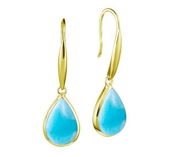 This image has a pair of 14K yellow gold larimar teardrop hook earrings.