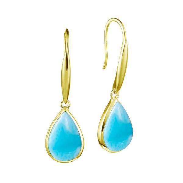 This image has a pair of 14K yellow gold larimar teardrop hook earrings.
