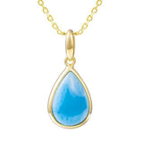 The photo shows a 14K yellow gold larimar teardrop pendant.