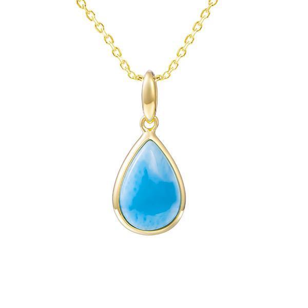 The photo shows a 14K yellow gold larimar teardrop pendant.