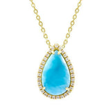 The picture shows a 14K yellow gold larimar teardrop pendant with diamonds.