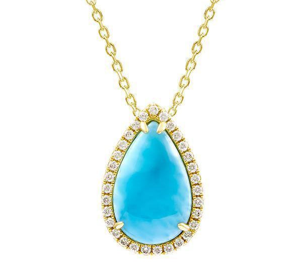 The picture shows a 14K yellow gold larimar teardrop pendant with diamonds.