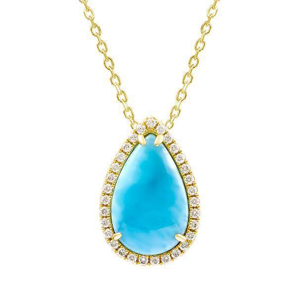 The picture shows a 14K yellow gold larimar teardrop pendant with diamonds.