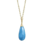 The picture shows a 14K yellow gold larimar teardrop pendant with diamonds.