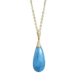 The picture shows a 14K yellow gold larimar teardrop pendant with diamonds.