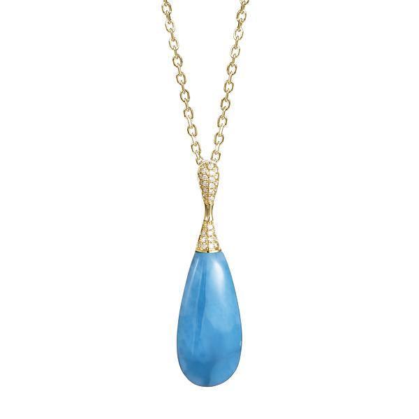 The picture shows a 14K yellow gold larimar teardrop pendant with diamonds.