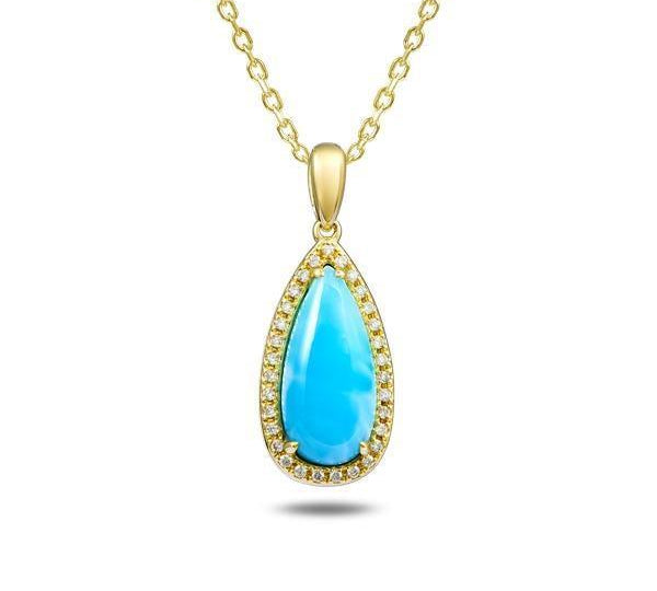 The picture shows a 14K yellow gold larimar teardrop pendant with diamonds.