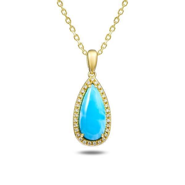 The picture shows a 14K yellow gold larimar teardrop pendant with diamonds.