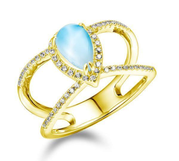 The picture shows a 14K yellow gold larimar petal split band ring lined with diamonds.