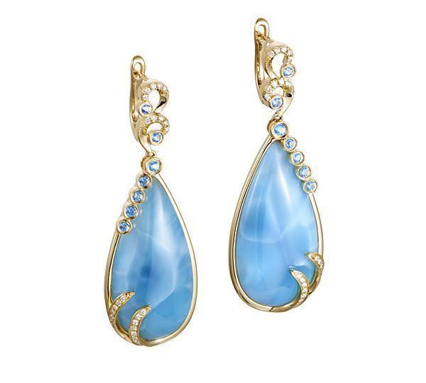 This image is of a pair of 14K yellow gold larimar teardrop earrings with diamonds.