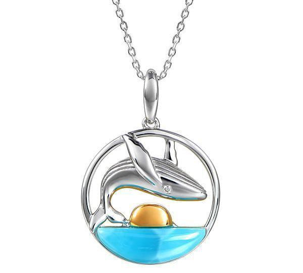 The picture shows a 14K white and yellow gold larimar two-tone sunset humpback whale pendant.