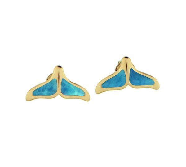 The picture shows 14K yellow gold larimar whale tail stud earrings.