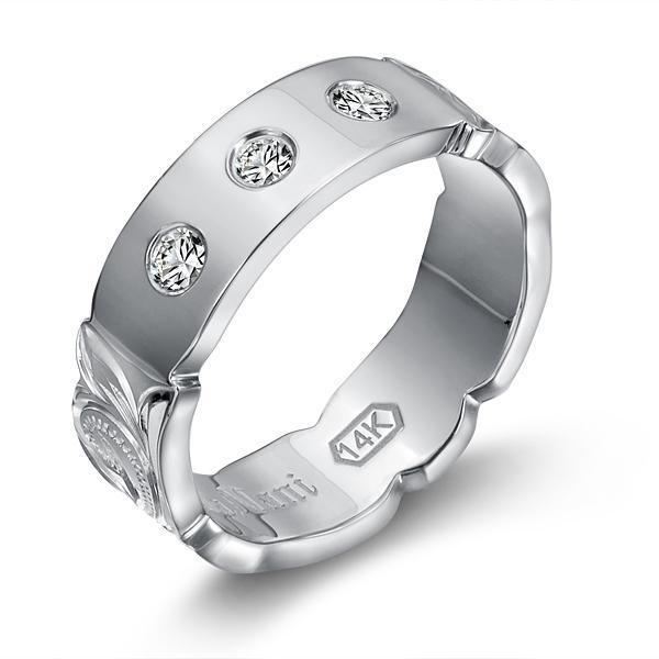 The picture shows a 14K white gold 6mm ring with hand engravings and diamonds.